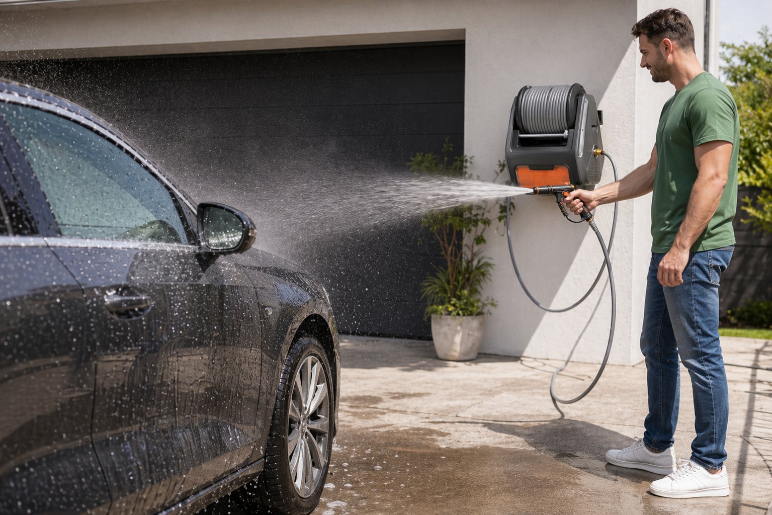 Cliente a lavar carro com mangueira retrátil