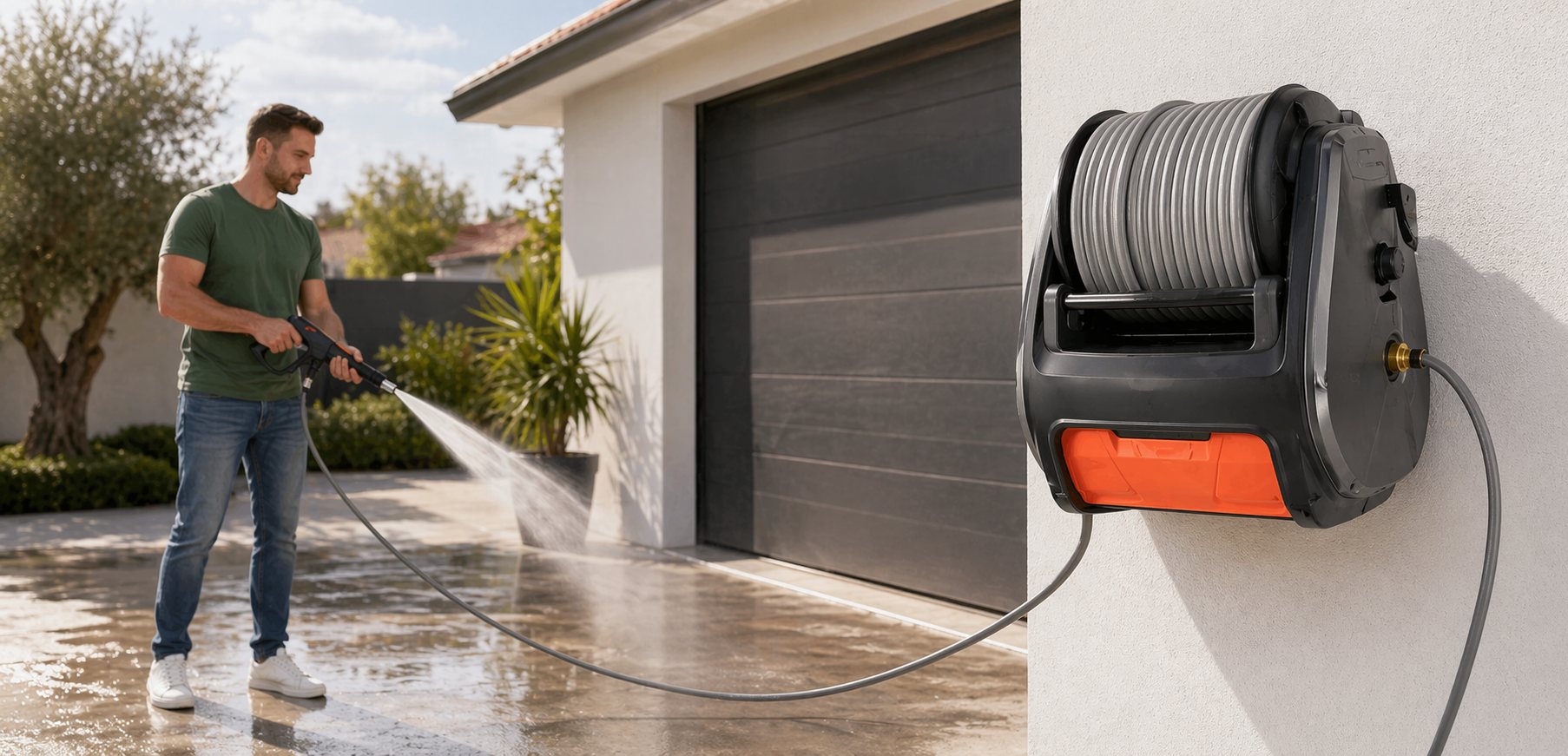 Cliente a usar mangueira retrátil no jardim